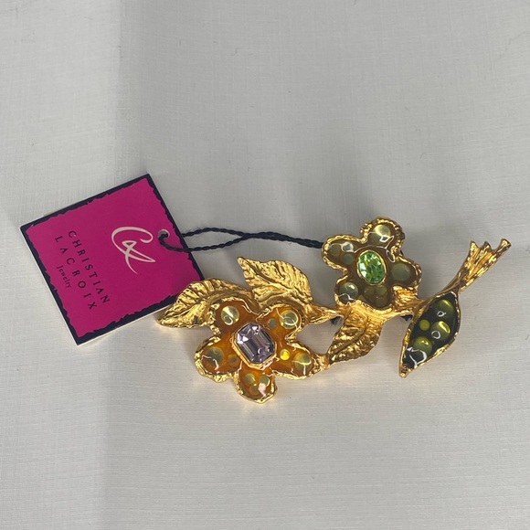 Christian LaCroix Vintage Gold Toned Enamel double flower pin brooch New - Picture 15 of 16
